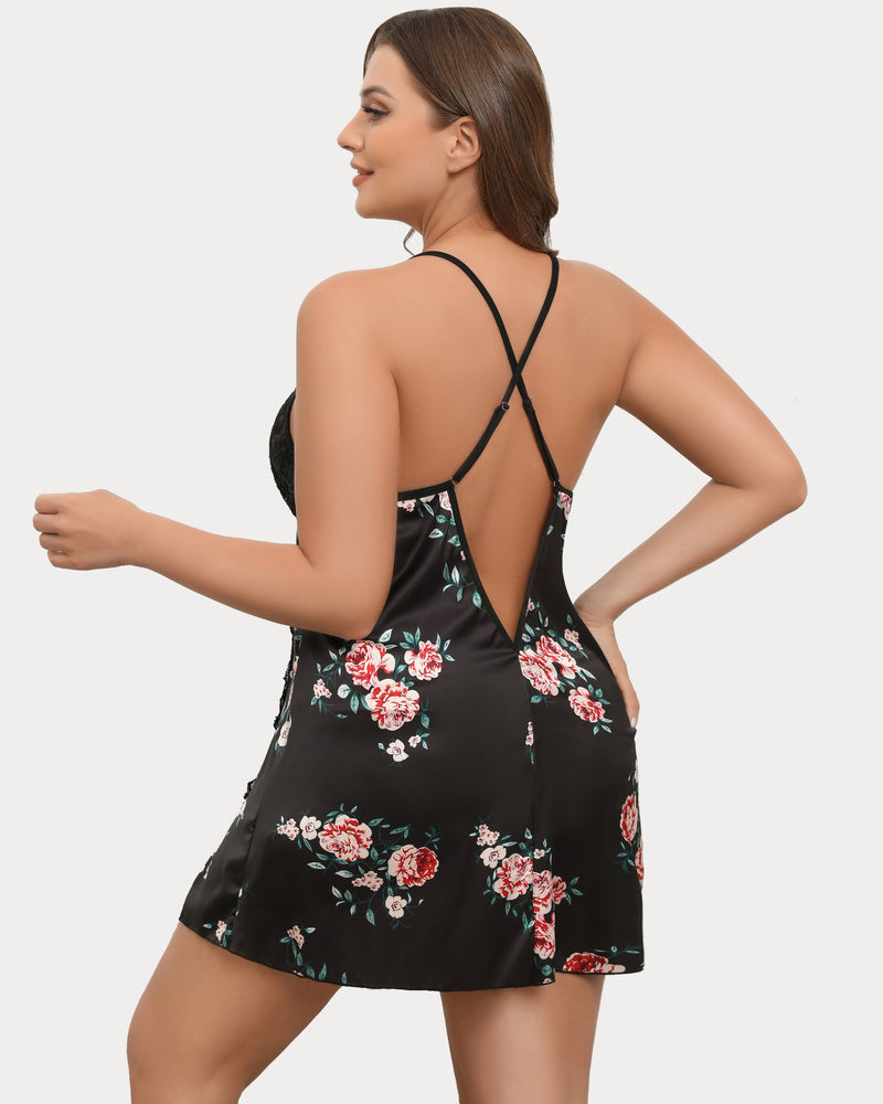 Black floral satin lace chemise with crisscross back straps and side slit