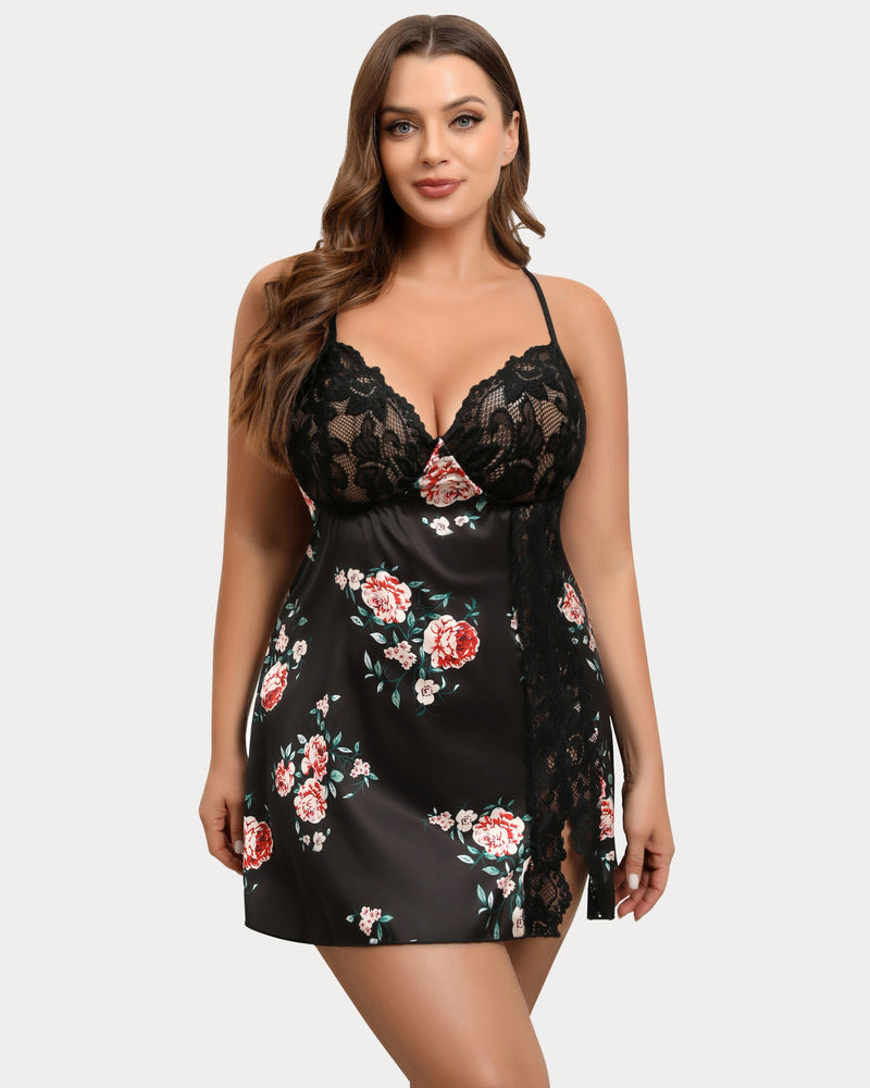 Black satin lace chemise with floral print, scalloped lace side panels