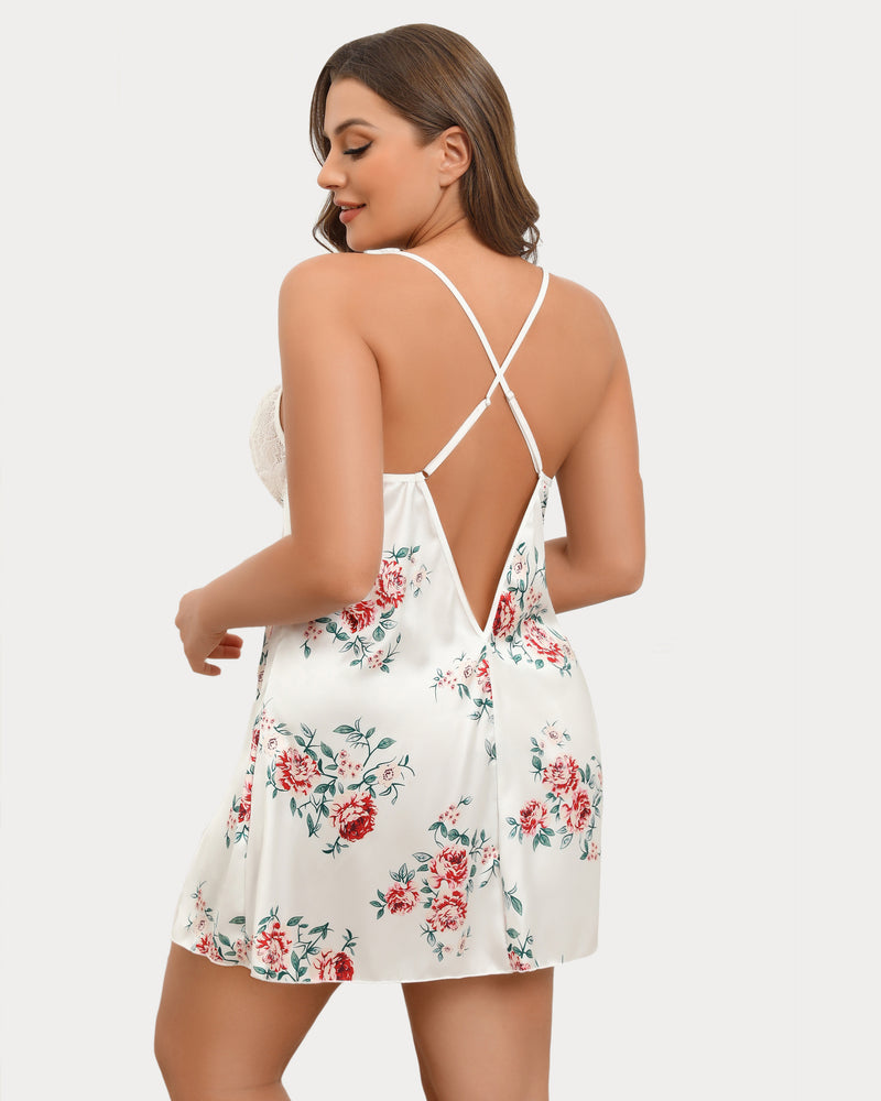 White floral satin lace chemise with crisscross back straps and lace back