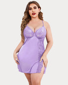 Lilac satin lace chemise with V-neck cups and scalloped side slit