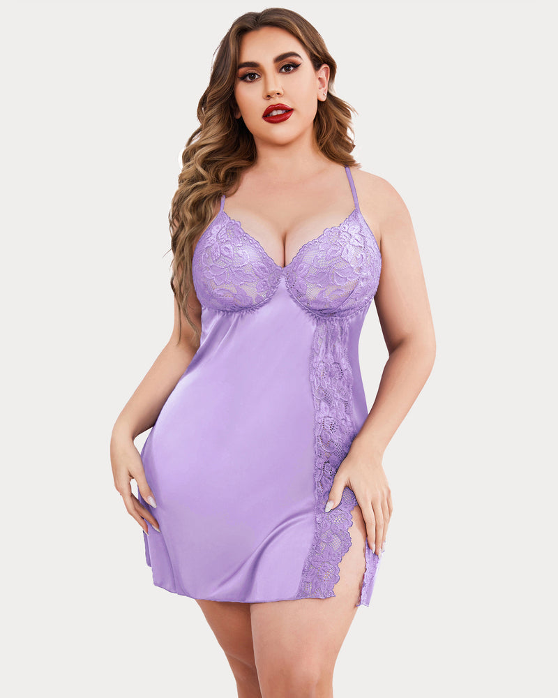 Lilac satin lace chemise with V-neck cups and scalloped side slit