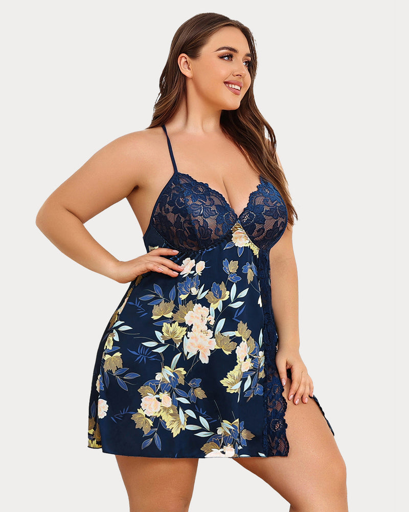 Plus size satin lace chemise, floral navy, lace trim bust and side slit detail