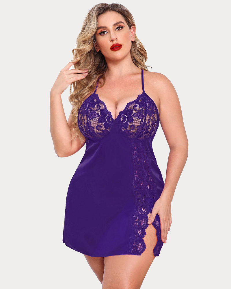 Plus size satin lace chemise, purple, lace V-neck and side slit hem
