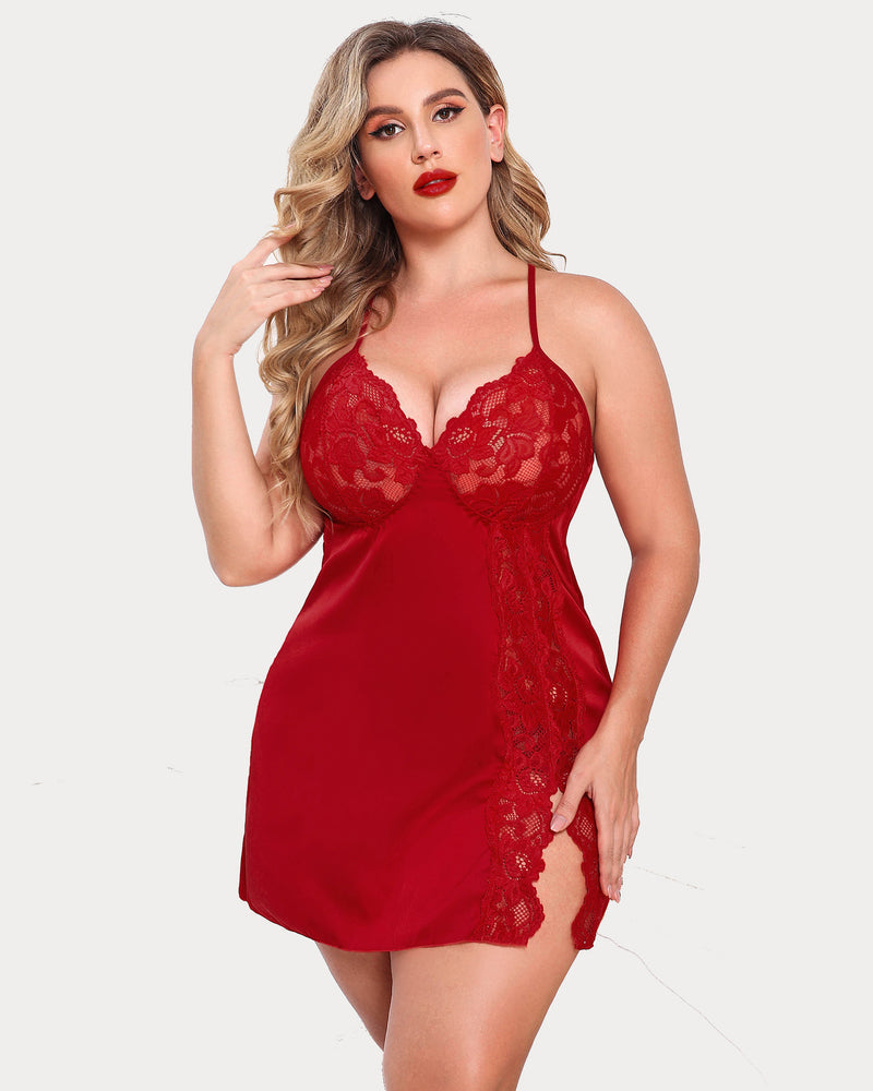 Plus-size red satin nightgown with lace cups and scalloped lace hem