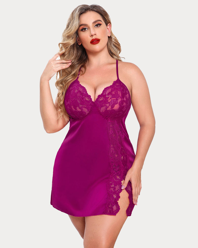 Plus size satin lace chemise, purple, lace bust cups and crisscross strap back