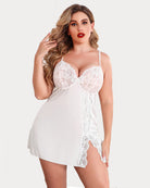 Plus size satin lace chemise, white, lace bust cups and side slit hem