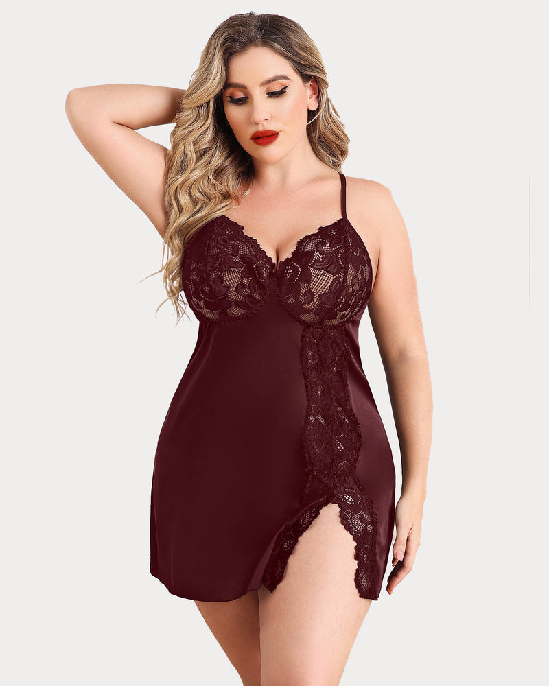 Plus size satin lace chemise, dark red with scalloped lace cups and side slit