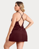 Plus size satin chemise back, dark red with crisscross straps and lace hem