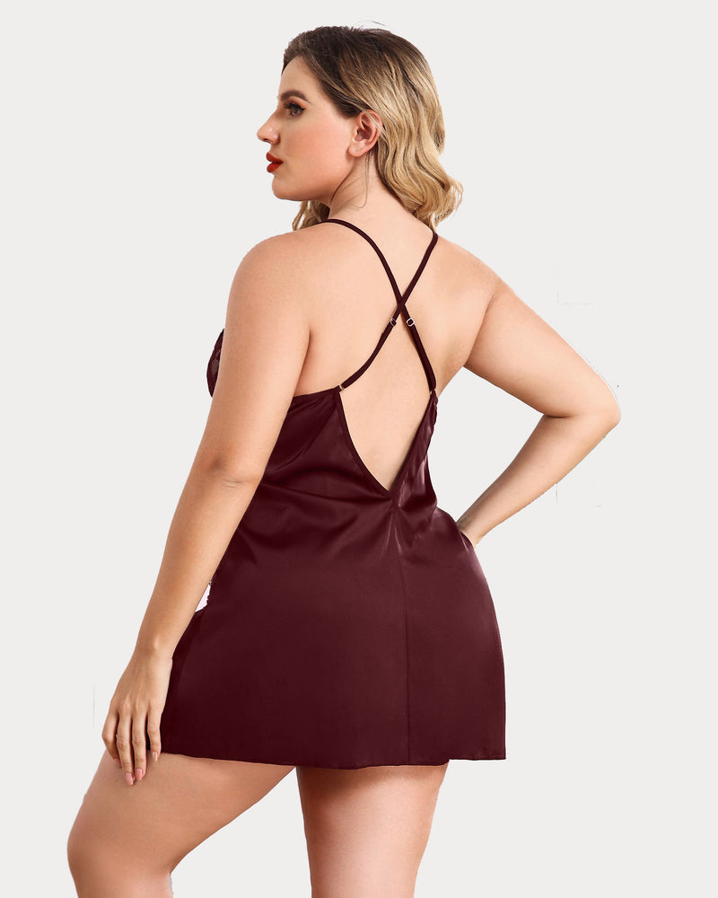 Plus size satin chemise back, dark red with crisscross straps and lace hem