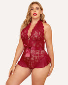 Red lace halter bodysuit with ribbon bow waist and sheer scalloped hem