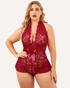 Red lace halter bodysuit with plunging neckline and satin ruffle hem, ribbon waist bow