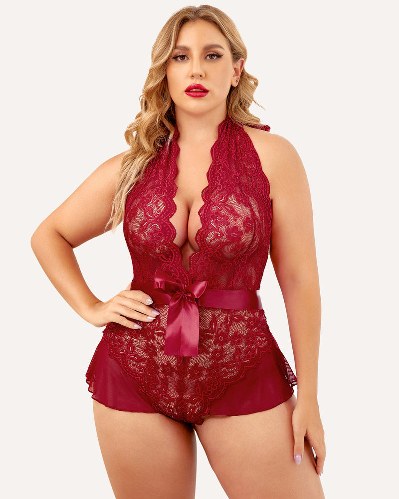 Red lace halter bodysuit with plunging neckline and satin ruffle hem, ribbon waist bow