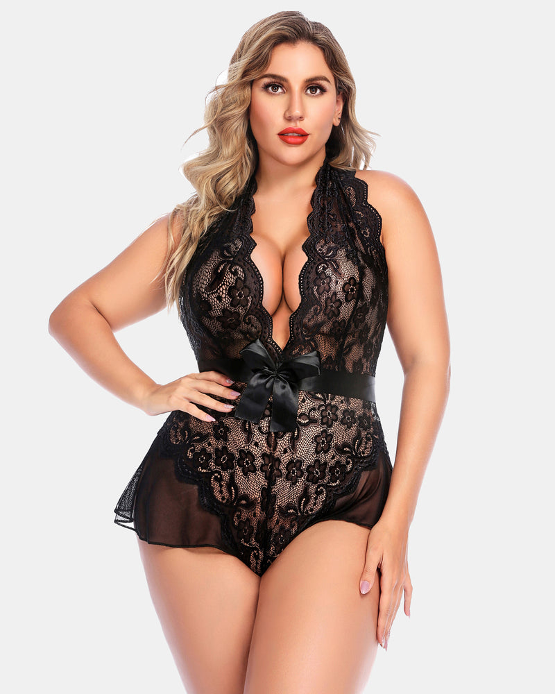 Black lace halter bodysuit with scalloped plunge neckline and waist tie bow, plus size