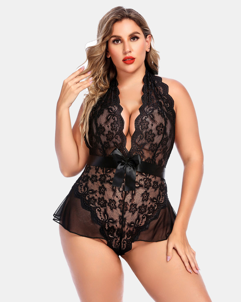 Black lace halter bodysuit with scalloped V-neck and waist bow, plus size
