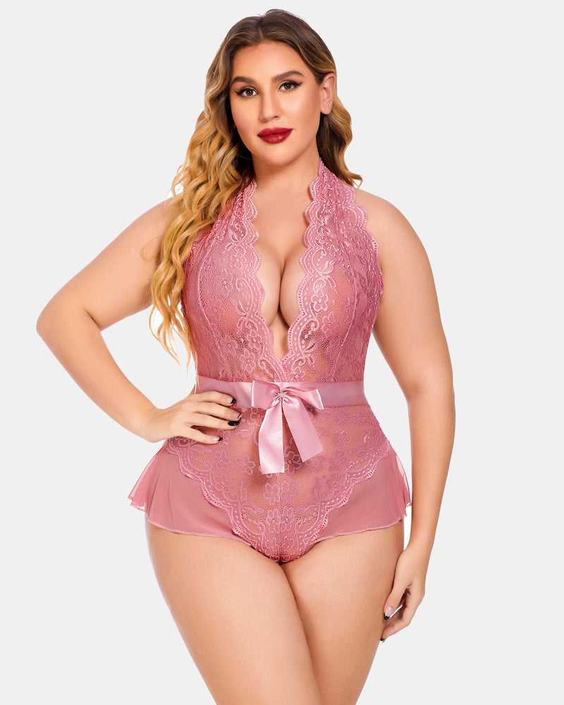 Plus size halter lace bodysuit in mauve pink with satin ribbon waist bow