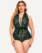 Plus-size halter lace bodysuit in dark green with scalloped lace edges and tie belt
