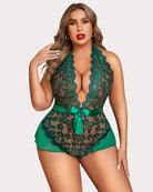 Green lace halter bodysuit with V-neck scalloped trim and satin waist ribbon bow