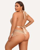 Plus-size halter lace bodysuit in beige, back view with halter ribbon and bow