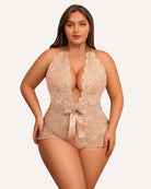 Plus-size halter lace bodysuit in beige with scalloped lace cups and satin tie