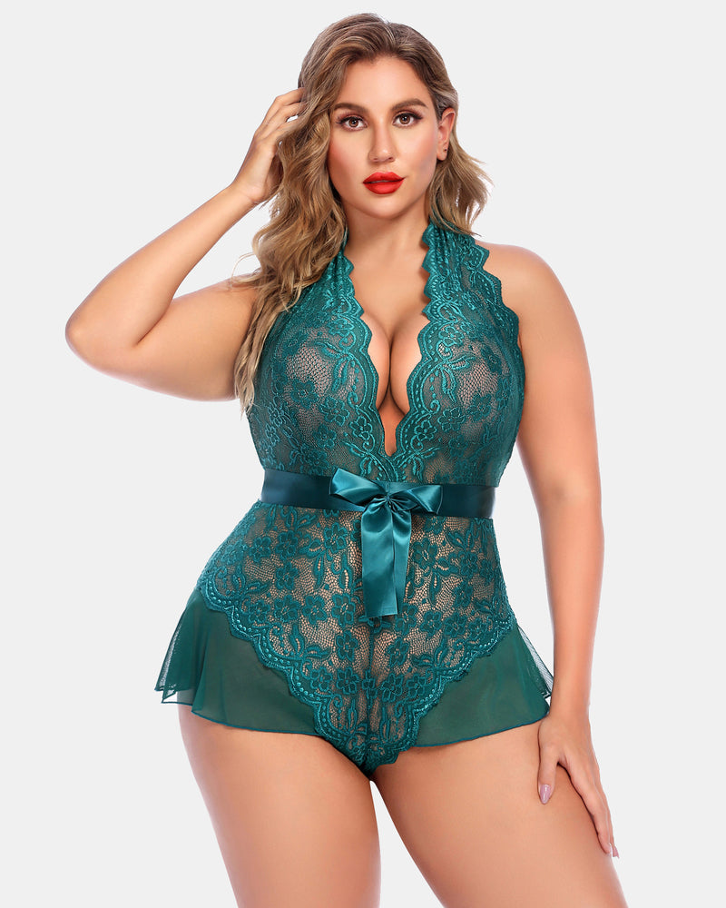 Green lace halter bodysuit with scalloped plunge neckline and waist bow, plus size