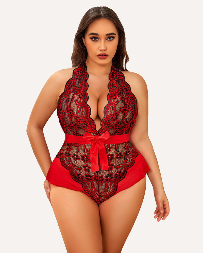 Plus-size halter lace bodysuit in red with floral lace cups and satin waist bow