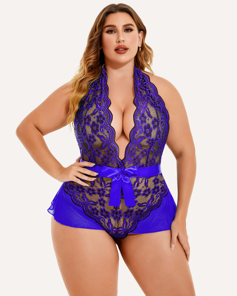 Blue lace halter bodysuit with scalloped V-neck and waist tie, plus size