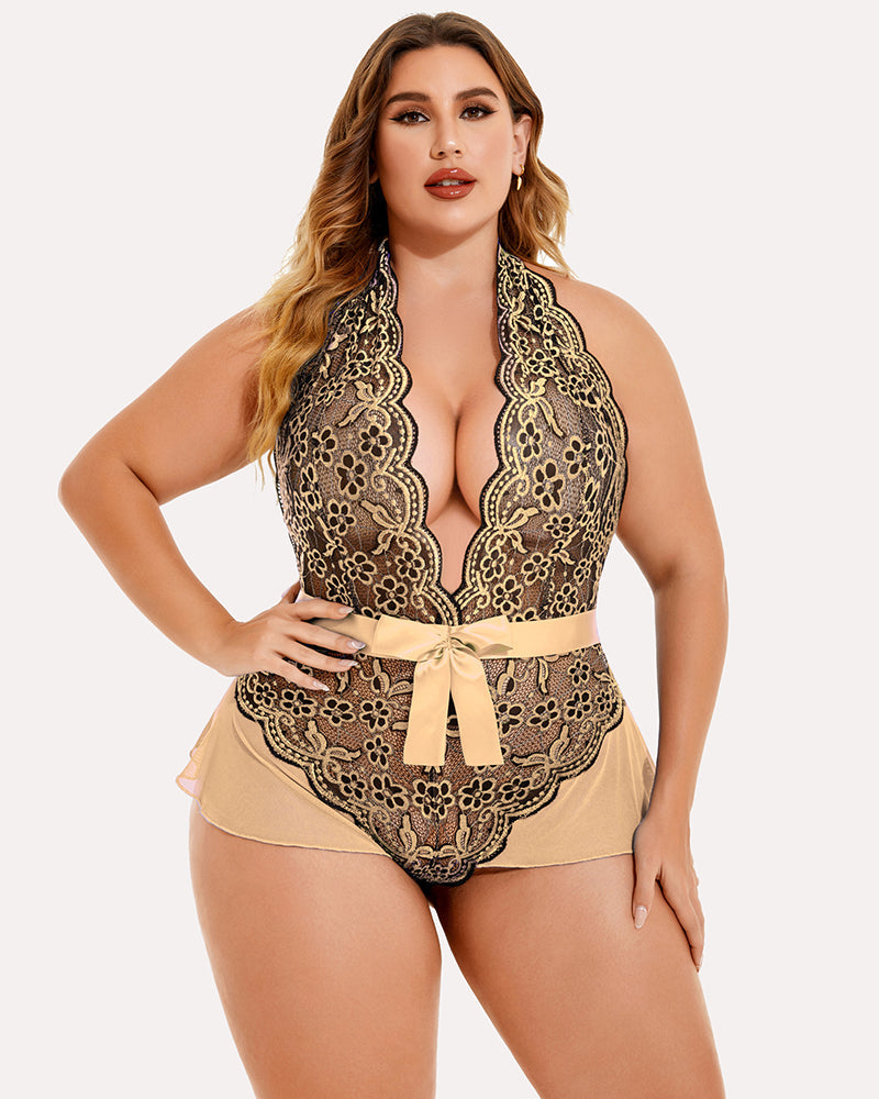 Gold lace halter bodysuit with V-neck scalloped trim and satin ribbon waist tie