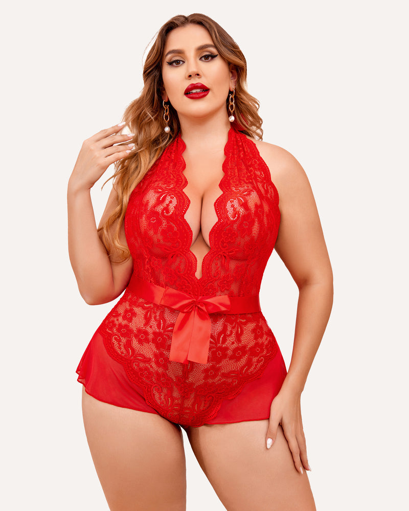 Plus-size halter lace bodysuit in red with deep V lace neckline and satin waist ribbon