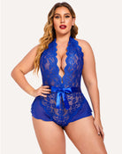 Blue lace halter bodysuit with lace bodice and waist ribbon tie, plus size