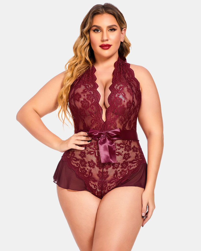 Plus size halter lace bodysuit in deep burgundy with satin bow at waist