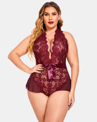 Plus size halter lace bodysuit in deep burgundy with satin bow at waist