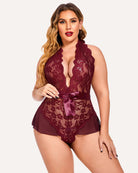 Plus-size halter lace bodysuit in wine purple with scalloped lace cups and satin waist bow