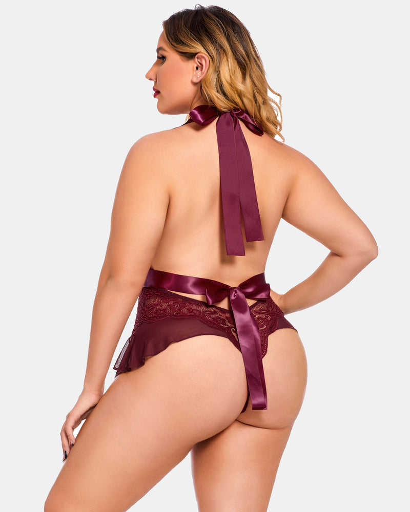 Plus size halter lace bodysuit in burgundy with back ribbon tie and sheer lace