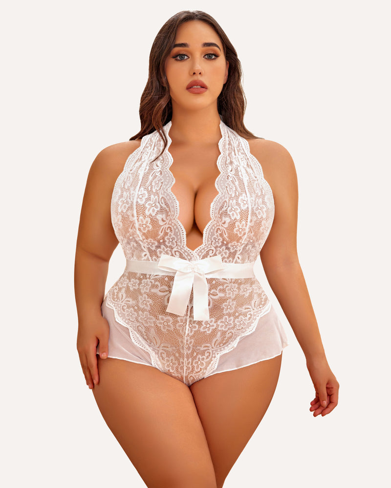 White lace halter bodysuit with scalloped neckline and ribbon bow at waist