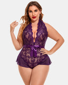 Plus size halter lace bodysuit in purple with satin ribbon belt and lace bodice