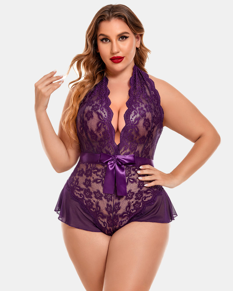 Plus size halter lace bodysuit in purple with satin ribbon belt and lace bodice