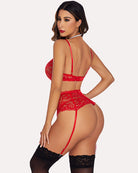 Red lace lingerie set with bra, garter straps, and lace thigh-high bands