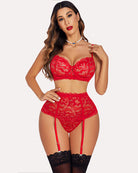 Red lace bra and panty set with garter straps and matching lace thigh bands
