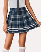 Pleated school uniform skirt in blue plaid with white-and-navy stripe trim at hem.