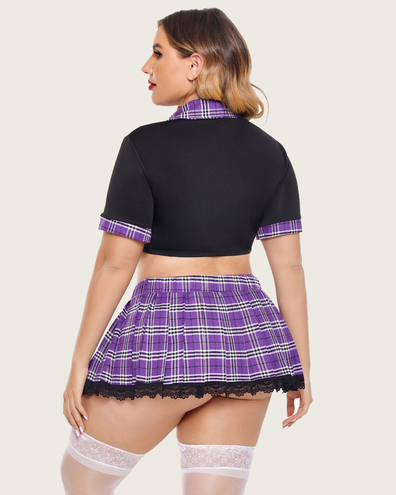 Plus-size lingerie set with black tie-top and purple plaid mini skirt, lace hem
