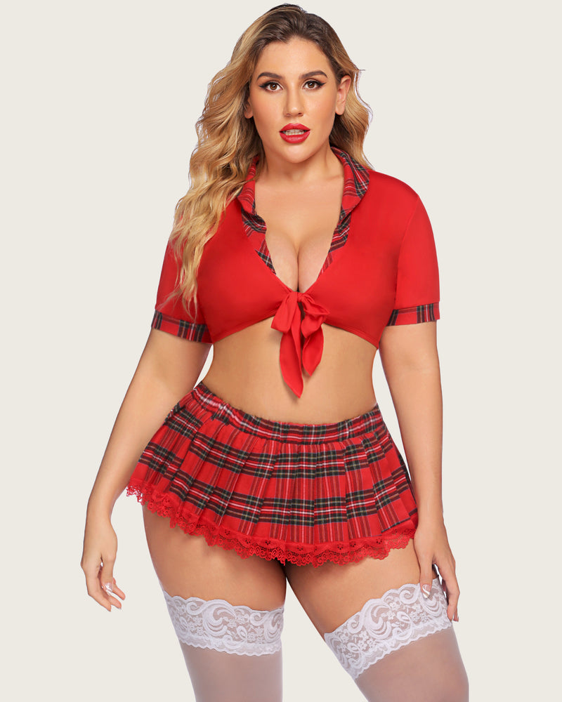 Plus-size lingerie set with red tie-top and red plaid mini skirt, lace scalloped hem