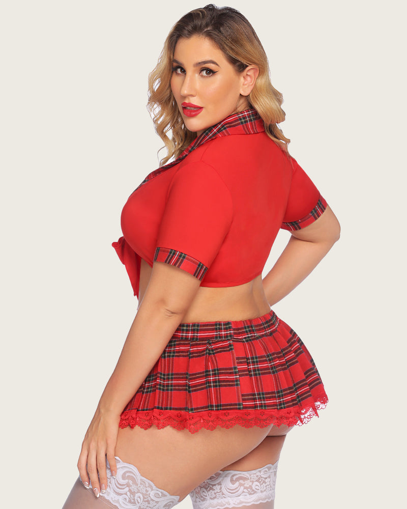 Plus-size lingerie set with red tie-top and red plaid mini skirt, lace trim and shorts