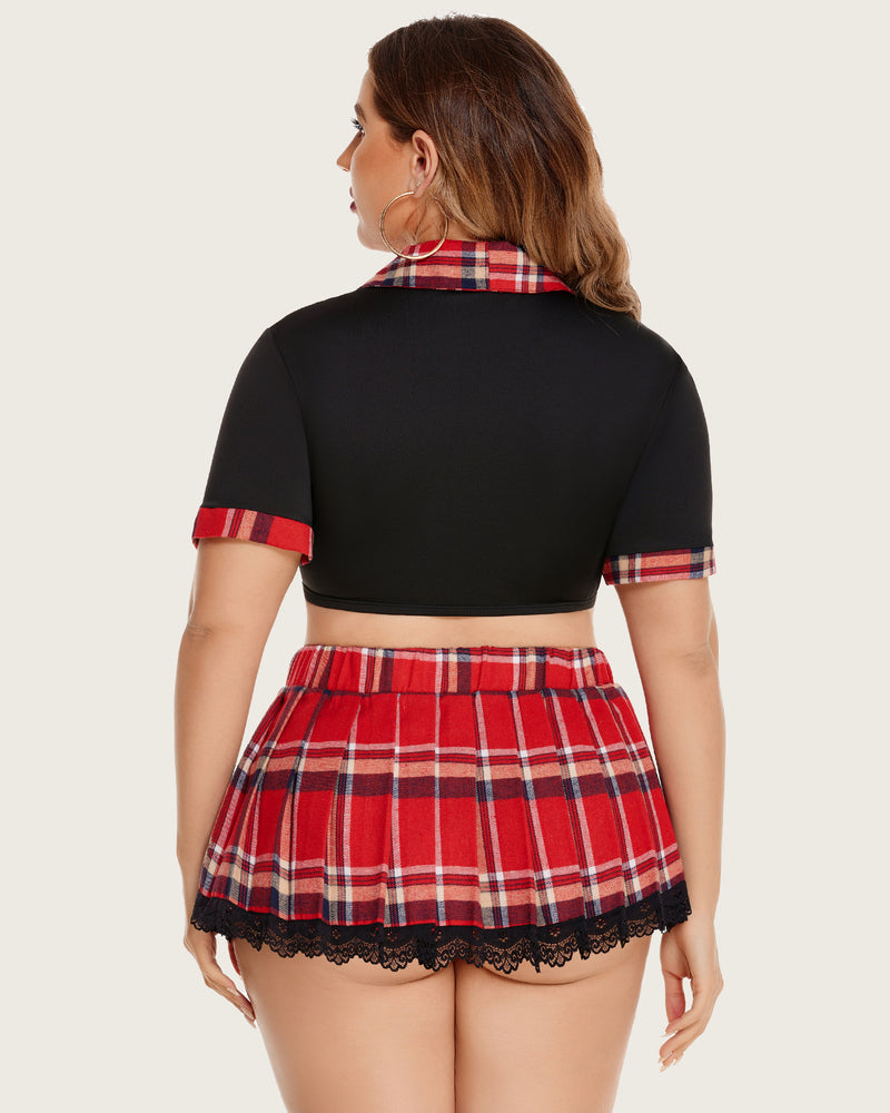 Plus size lingerie set back view with black top and red plaid mini skirt with lace trim