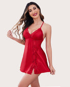 Red satin slip sleepwear with lace V-neck and floral lace front panel