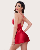 Red satin lace nightgown chemise with lace back detail and thin spaghetti straps
