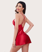 Red satin slip back view with lace-trim straps and scalloped hem