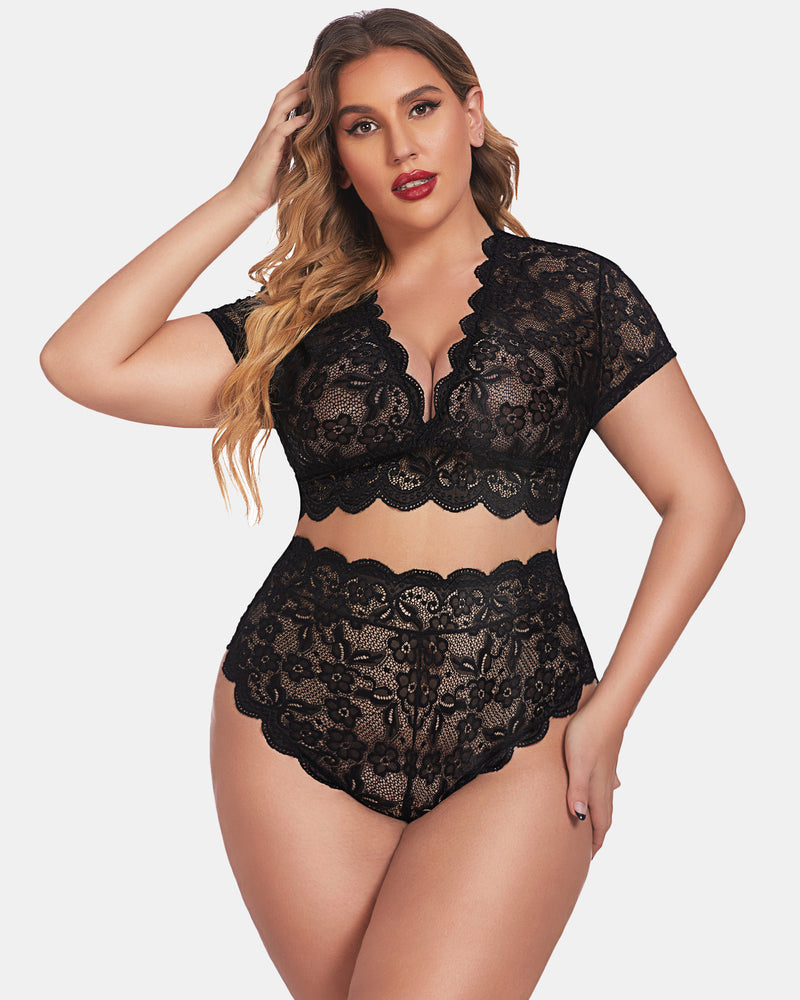 Black lace lingerie set with plunging V-neck bralette and matching high-waist shorts