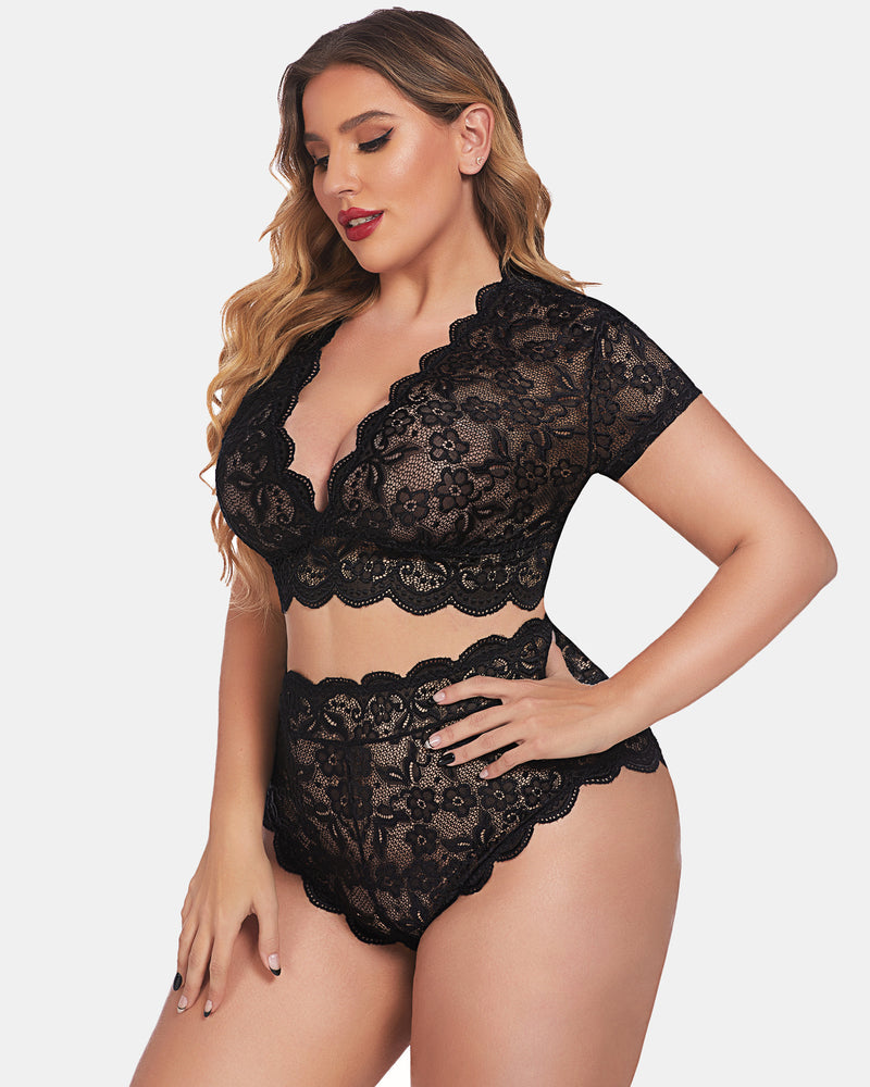 Black lace lingerie set, side view of lace bralette and matching high-waist shorts