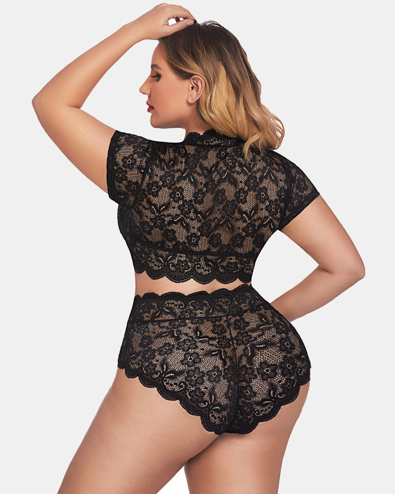 Black lace lingerie set, back view with short-sleeve bralette and scalloped high-waist shorts