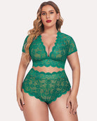 Dark green floral lace lingerie set with scalloped trim: V-neck top and shorts